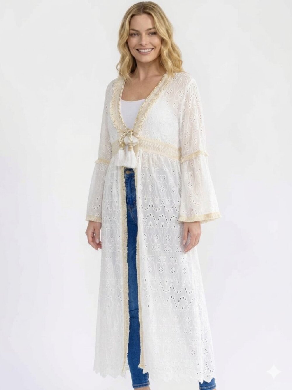 Boho Beach cardigan White Eyelet Tassel Duster size S-M-L - Picture 4 of 4